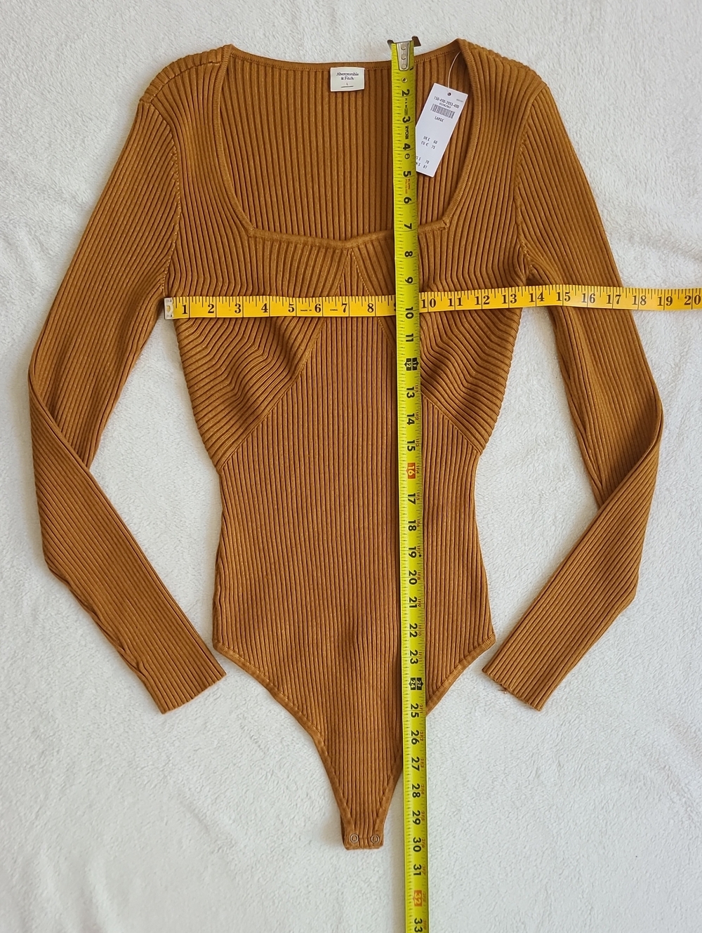 Abercrombie NEW Ribbed Square Neck Long Sleeve Bodysuit Mustard Yellow Lar Knit - Picture 2 of 5